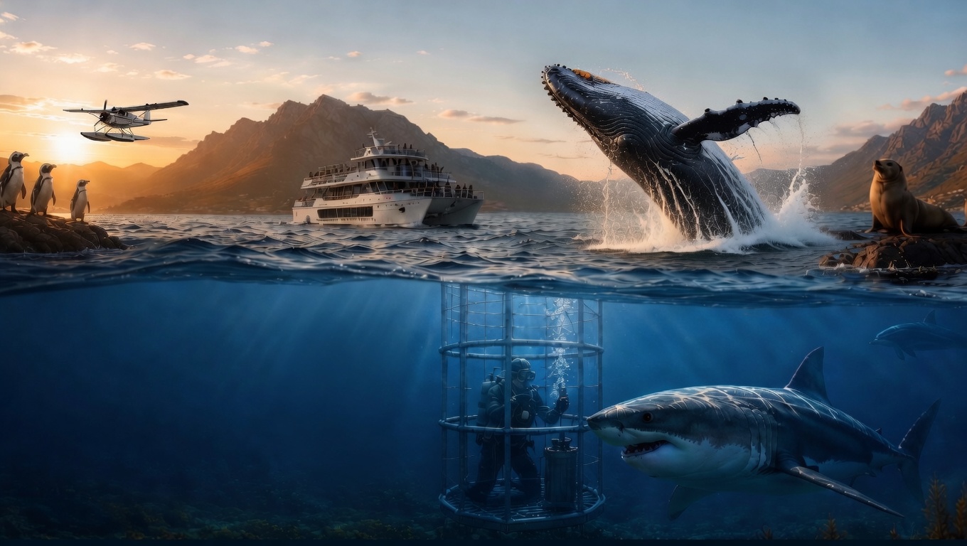 Marine wildlife in Gansbaai, South Africa showing Great White sharks, whales, seals, and penguins