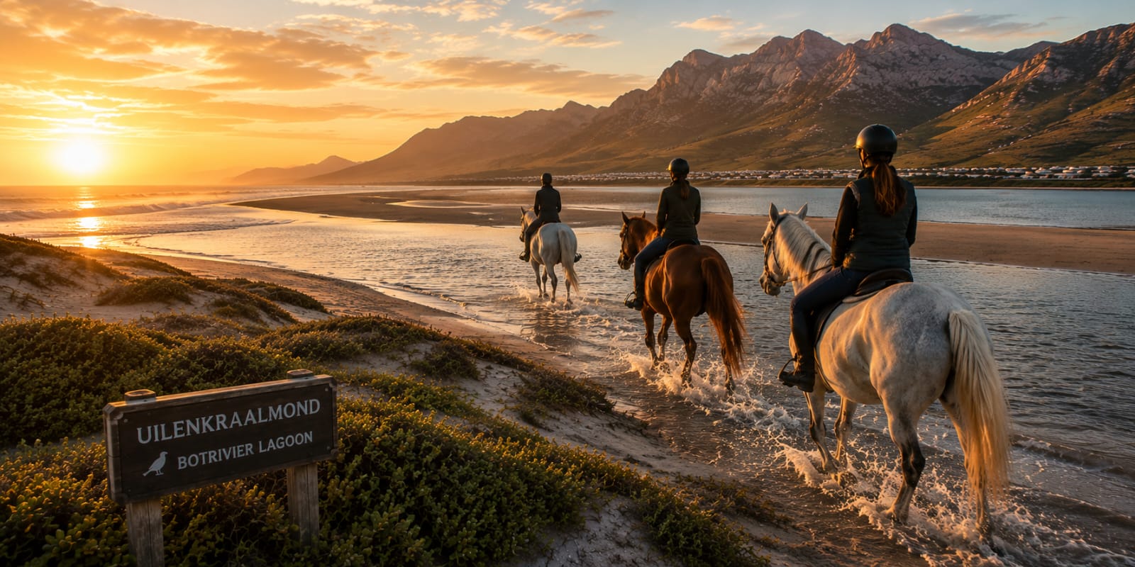 Three riders on horseback galloping along the beach at Uilenkraalsmond at golden sunset, Gansbaai