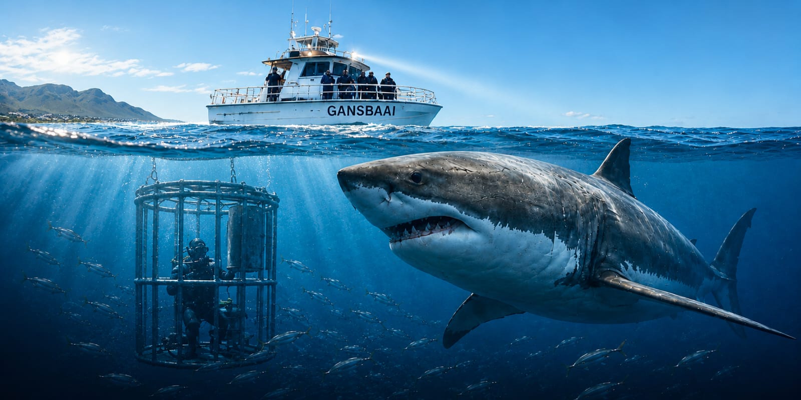 Divers face-to-face with a shark from a secure underwater diving cage in Gansbaai