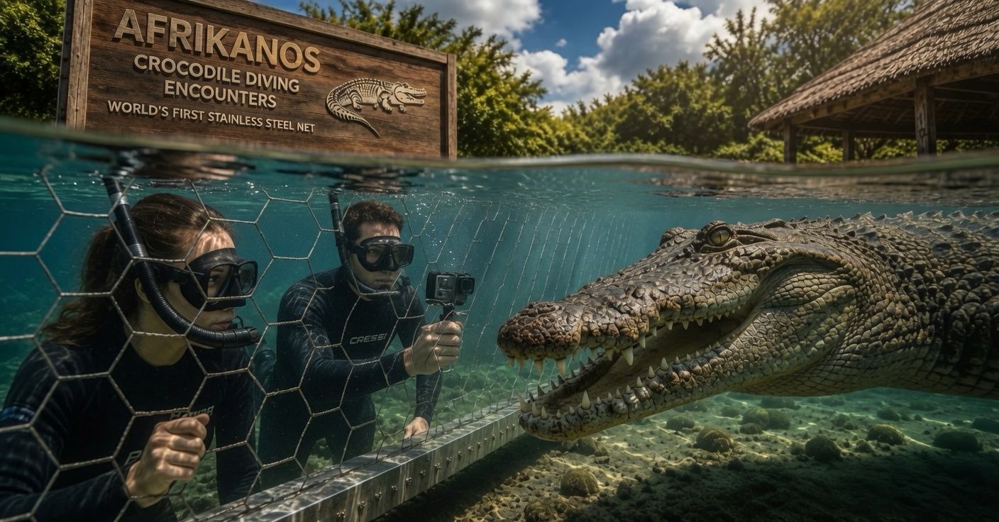 Two divers face-to-face with a Nile crocodile through a stainless steel net at Afrikanos, Gansbaai