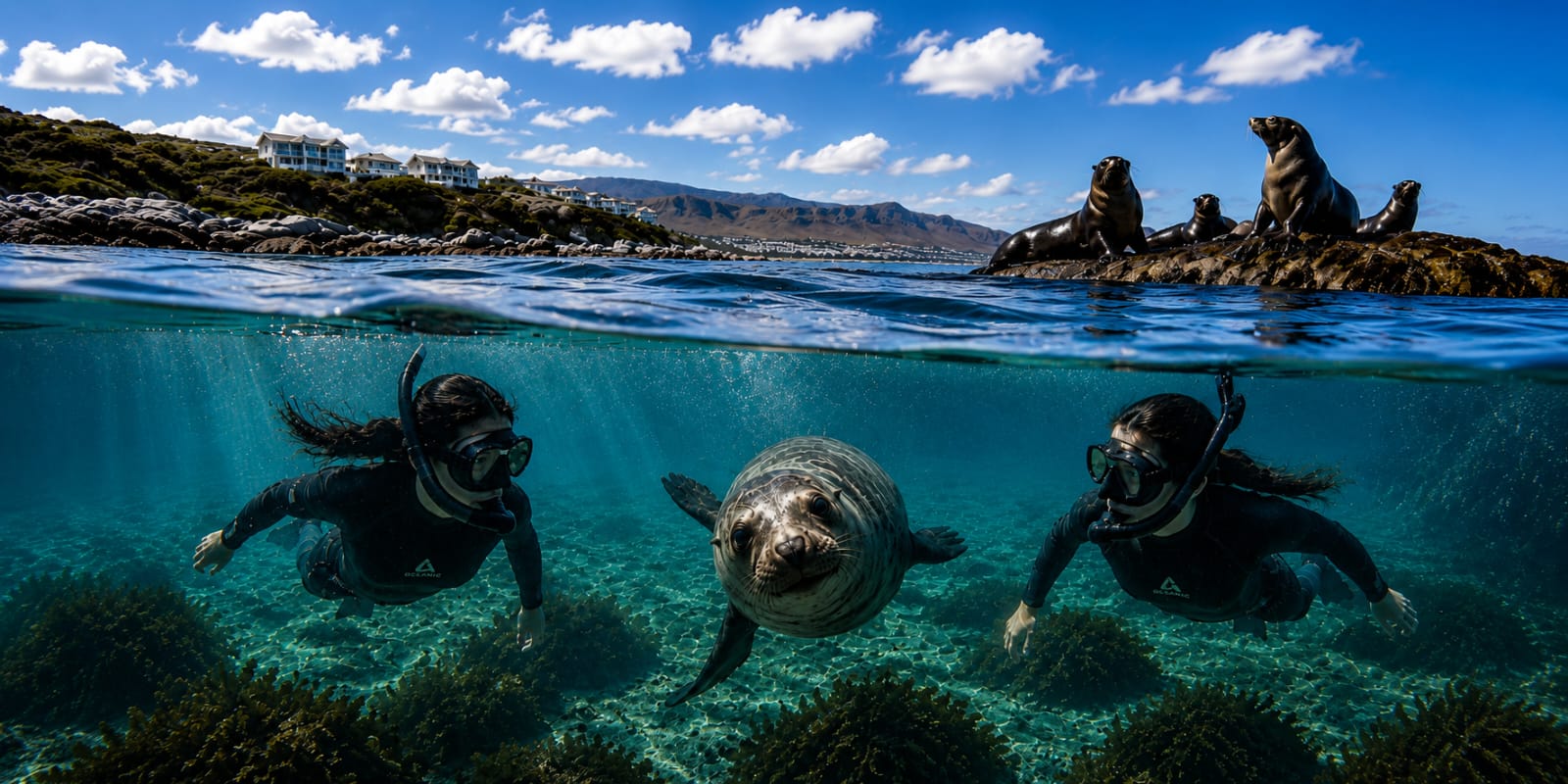 Two snorkellers swimming underwater alongside a playful Cape Fur Seal at Geyser Rock, Dyer Island, Gansbaai