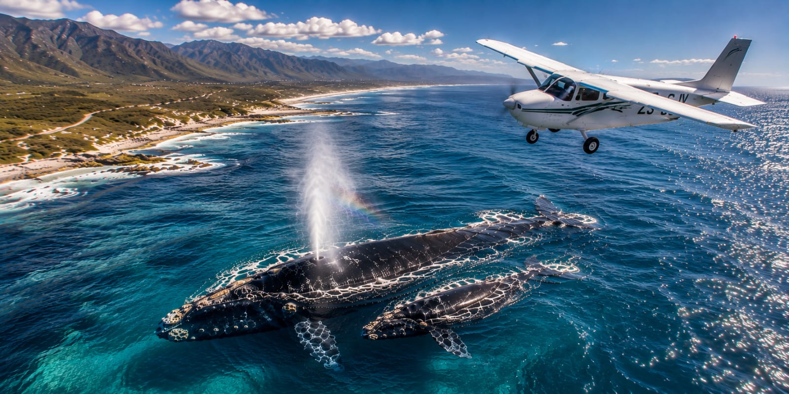 A Cessna aircraft flying alongside a breaching Southern Right Whale viewed from above Walker Bay, Pearly Beach, South Africa