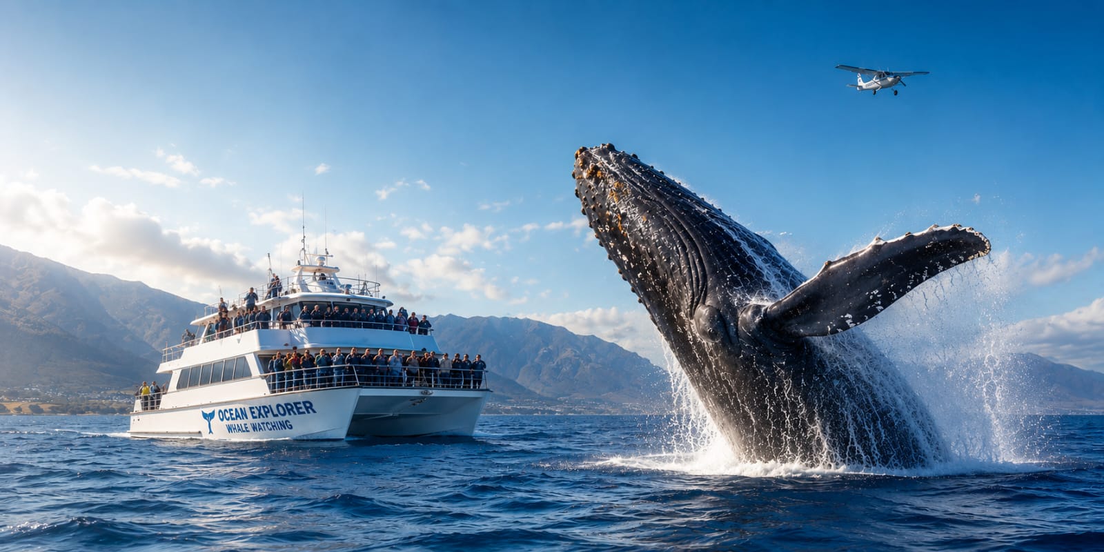 A humpback whale breaching next to a whale watching boat in Walker Bay, Gansbaai